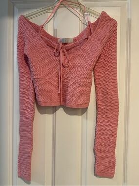 Free people fp Pink Cropped Knit Tie-Front Sweater